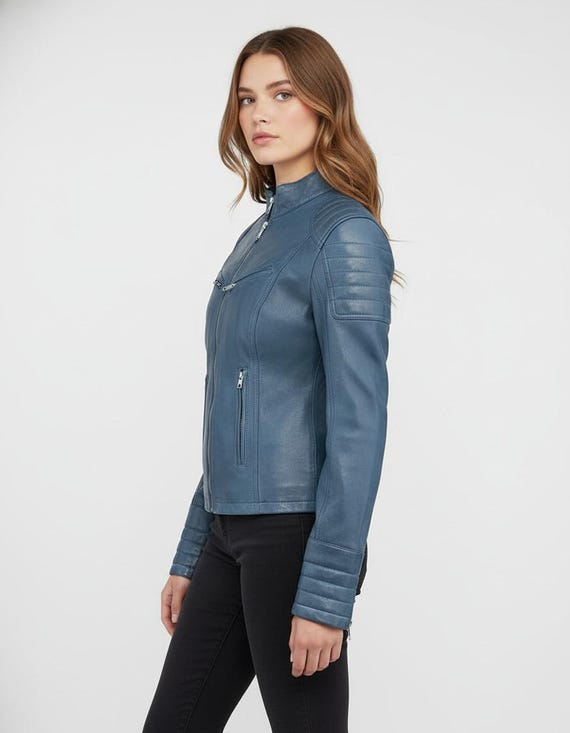 Stylish Wax Blue Leather Jacket For Women