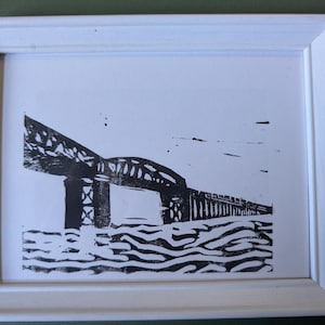 Barmouth Bridge Lino Cut, Original Art, Black and White
