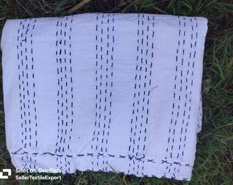 White On Blue Kantha HandMade Work Bedding Bedspread,BedCover,Throw