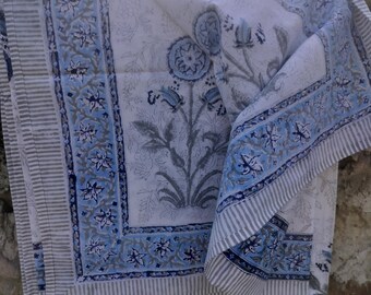 Hand Block Printed Floral Tablecloth with Napkins: Indian Cotton Dining Decor