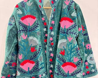 Velvet Suzani Embroidered Jacket, All Season Unisex Coat, Boho Style