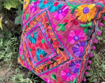 Set of 2 Pics Multi-Color Suzani Embroidered Work Red Square Cotton Euro Sham,PillowCase