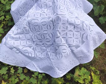 Hand-Stitched Kantha Work Cotton Round & Square Tablecloth: Applique Cut-Work, White Organdy