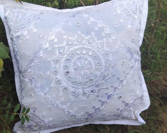 Hand Embroidered Cotton Cushion Cover: White Silk, Mirror Work - Set of 2
