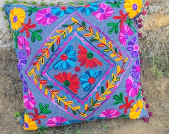 Hand Embroidered Floral Suzani Pillow Cover Set: Blue Wool Euro Sham