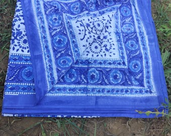 Indigo Floral Hand Block Printed Cotton Tablecloth - Square Table Linen