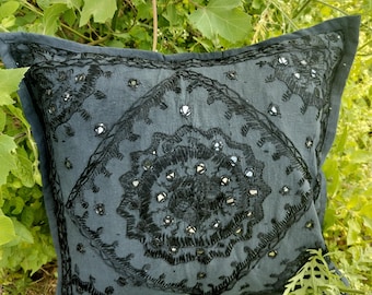 Black Silk Hand Embroidered Cushion Cover Set: Mirror Work Pillow Sham (2 Pcs)