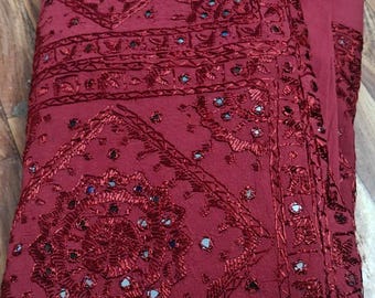 Embroidered Dark Red Maroon Fabric with Mirror Work, Traditional Indian Design Bedspread