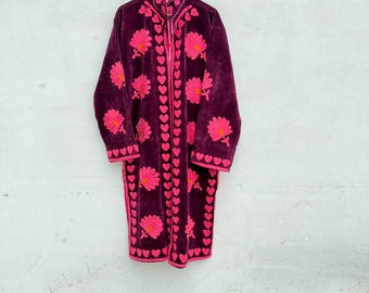 Floral Velvet Hand Suzani Embroidered Long Unisex Ocassion,Party Wear Free Size ,Jacket,Coat