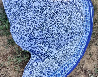 Hand Block Printed Indigo Floral Tablecloth, Cotton Table Cover 108"