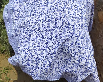 Floral Hand Block Printed Round Tablecloth: Indigo Blue Cotton