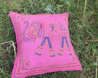 Elephant Design Hand Embroidered Cotton Square Pillows,Euro Sham, Cushion Cover Set Of 2Pcs