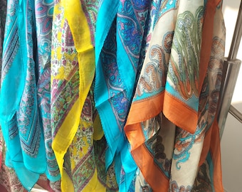 Set of 5 Block Printed Silk Scarves – Floral Paisley Design, 40" Square