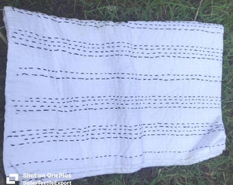 White On Black Thread Hand Stitched Kantha Work Bedding Bedspread, BedCover,Throw