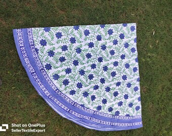 Hand Block Print Cotton  Round Tablecloth: Floral Dining Decor 66"/72"