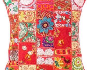 Ethnic Traditional Multi-Color Hand Embroidered Patchwork Cushion Cover Set Of 2Pcs (16"x16")