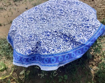Hand Block Printed Cotton Tablecloth: Indigo Blue Floral, 80" Round