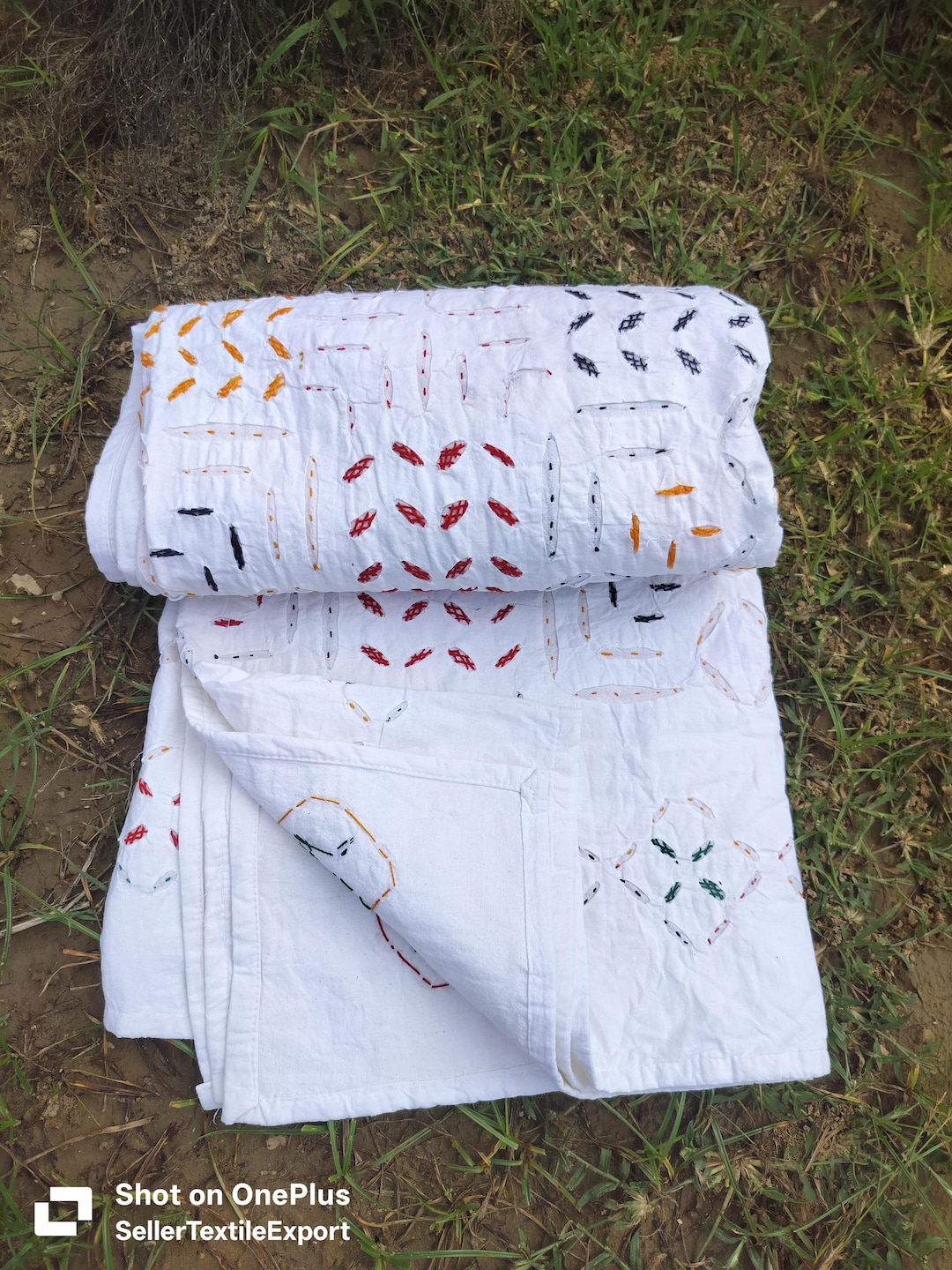 Multi-color Applique Cotton Cut -work Hand Stitched Kantha Work Bedding ...
