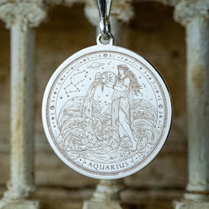 Aquarius Zodiac Necklace -  Water Bearer Medallion Pendant with Cosmic Waves and Constellation