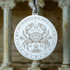 Cancer Zodiac Necklace • Silver Crab Medallion with Celestial Motifs • Cancer Astrology Pendant for Sensitive Souls