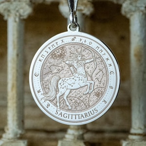 Sagittarius Zodiac Medallion Necklace -  Archer Pendant with Celestial Details