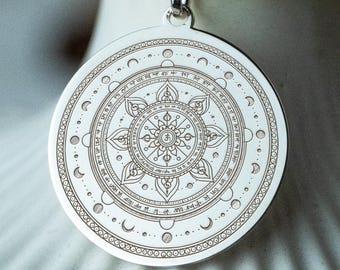 Kalachakra Mandala Pendant Necklace, Hindu Wheel of Time Jewelry