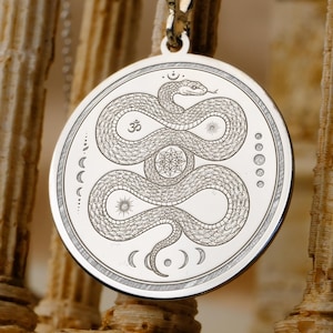 Serpent Spiral Pendant – Kundalini Energy Necklace with Sacred Geometry & Lunar Phases – Symbolic Snake Jewelry