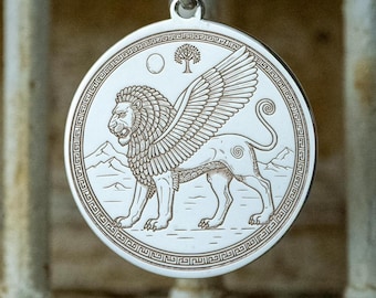 Winged Lion Medallion Pendant Necklace, Mythical Creature Jewelry, Symbolic Gift