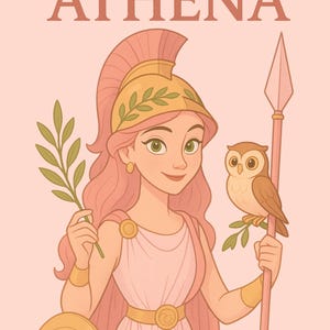 Póster de la diosa Atenea: arte mural de mitología griega con estilo animado, imprimible o enmarcado, decoración infantil original.