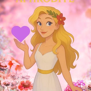 Puede incluir: Ilustración de una mujer con cabello rubio, vestida con un vestido blanco con cinturón dorado, sosteniendo un corazón morado. La palabra "APHRODITE" está escrita en amarillo encima de ella. El fondo presenta flores rosas.