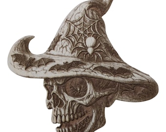 3D Skull Witch Hat Engraved Wall Art: Gothic Halloween Decor
