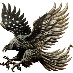 May include: A detailed illustration of an American bald eagle in flight. The eagle's wings are spread, with the left wing featuring white stars on a dark background. The eagle's feathers are intricately detailed in shades of brown and gray, with sharp talons and a focused gaze.