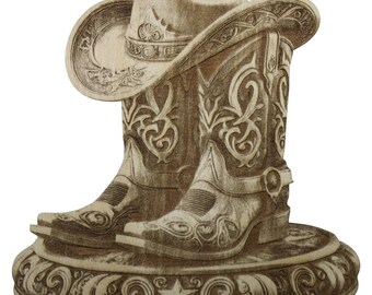 Iluzja 3D kowbojskiego kapelusza i butów: grawerowanie dekoracji w stylu western