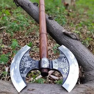 Hand-Forged Double Headed Viking Battle Axe: Carbon Steel & Rosewood