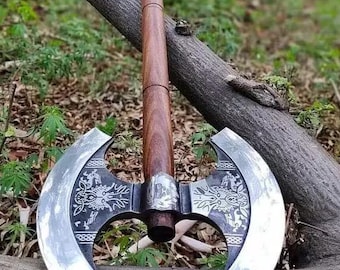 Handgeschmiedete Wikinger Doppelkopf-Streitaxt: Kohlenstoffstahl & Rosenholz