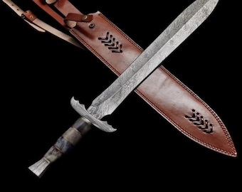 Cuchillo Bowie de Damasco forjado a mano con funda de cuero: regalo vikingo