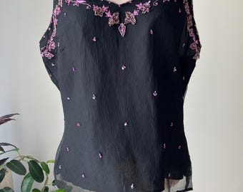 XL Beaded Silk Black & Pink Vintage Tank