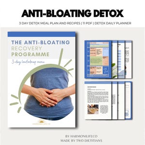 May include: A digital product titled "Anti-Bloating Detox" with a 3-day meal plan, recipes, and a daily planner. The cover features a person holding their stomach, with the text "The Anti-Bloating Recovery Programme". Additional documents are also shown.