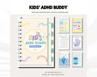 Puede incluir: Una descarga digital titulada "Kids' ADHD Buddy". La portada presenta el título en una fuente lúdica con una ilustración de cometa. En el interior hay páginas coloridas con indicaciones y gráficos para niños. El diseño incluye colores pastel y encuadernación en espiral.