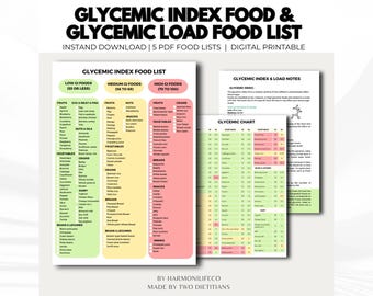 May include: Digital printable showing a glycemic index food list, categorised by low, medium, and high GI foods. The list includes fruits, vegetables, grains, and snacks. The text "GLYCEMIC INDEX FOOD & GLYCEMIC LOAD FOOD LIST" is at the top.