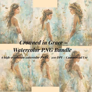 Bundle PNG aquarelle, clipart fille royale basé sur la foi, Art princesse chrétienne, fille inspirante avec des fleurs de papillons de la Couronne PNG