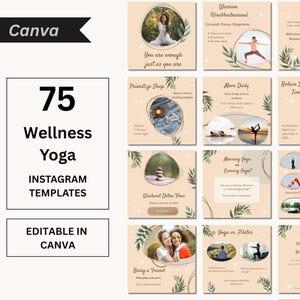 Puede incluir: Un conjunto de 75 plantillas de Instagram de yoga y bienestar, editables en Canva. Las plantillas presentan posturas de yoga, citas inspiradoras y consejos de bienestar. Paleta de colores suave y terrosa.