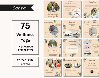 Beige Yoga Instagram Templates: Wellness Social Media Posts for Canva (Digital Download)