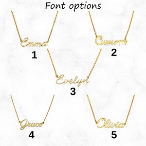 May include: Gold-colored name necklaces with different font options. The names Emma, Charlotte, Evelyn, Grace, and Olivia are displayed. The text "Font options" is at the top of the image. Each necklace is on a delicate chain.