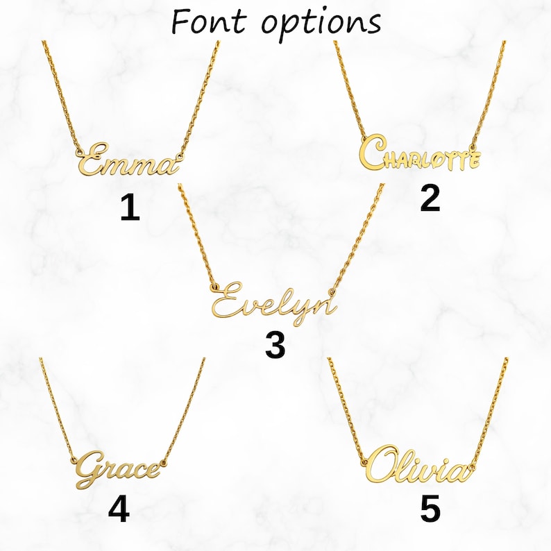 May include: Gold-colored name necklaces with different font options. The names Emma, Charlotte, Evelyn, Grace, and Olivia are displayed. The text "Font options" is at the top of the image. Each necklace is on a delicate chain.