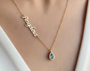 Handgemachte Birthstone Namenskette, benutzerdefinierter Name und Birthstone Halskette, personalisierte Tropfen Birthstone Namenshalskette, Geschenk für Frau