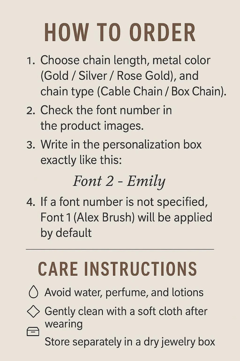 May include: Instructions for ordering personalized jewelry, including chain length, metal color, and font selection. The text also provides care instructions, such as avoiding water and storing in a dry jewelry box.