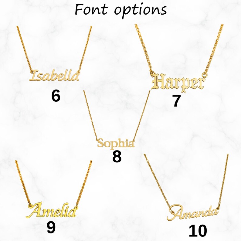 May include: Gold-colored name necklaces with different font options. The names "Isabella", "Harper", "Sophia", "Amelia", and "Amanda" are displayed. The image also includes the text "Font options" and numbers 6, 7, 8, 9, and 10.
