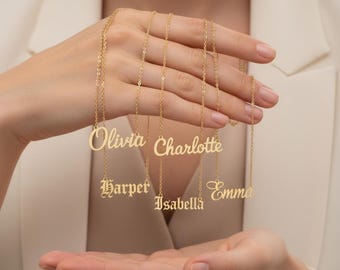 Collar con nombre de oro de 14 quilates, colgante con nombre personalizado, joyería minimalista con nombre para mujer, regalo para ella.