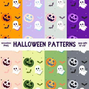 Puede incluir: Una colección de patrones de Halloween sin costuras en varios colores, con calabazas, fantasmas y murciélagos. La imagen incluye el texto "HALLOWEEN PATTERNS" y "300 DPI 12"x12".